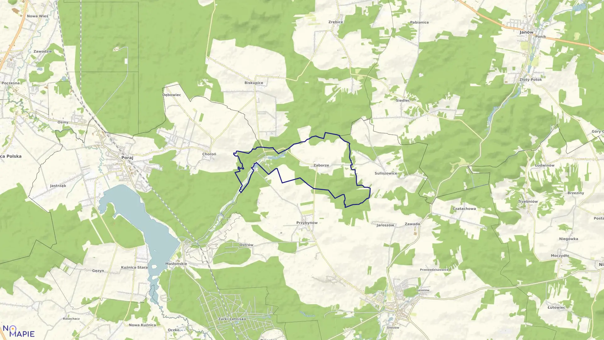 Mapa obrębu Zaborze w gminie Żarki